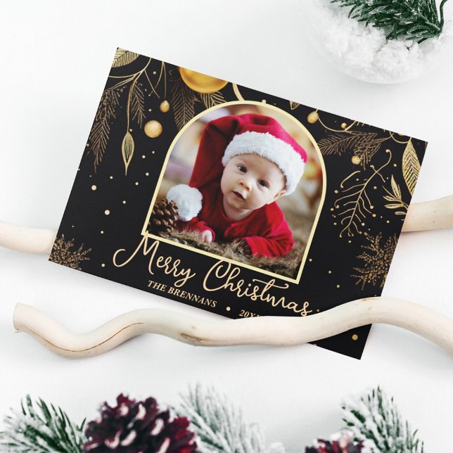 Elegantes Weihnachtsfest Foto Gold Feiertagspostkarte (Elegant Christmas Photo Festive Gold Holiday Postcard)