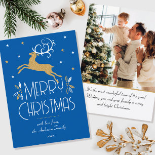 Elegantes Weihnachtsfest Rentier Foto Blue Gold Fl Karte