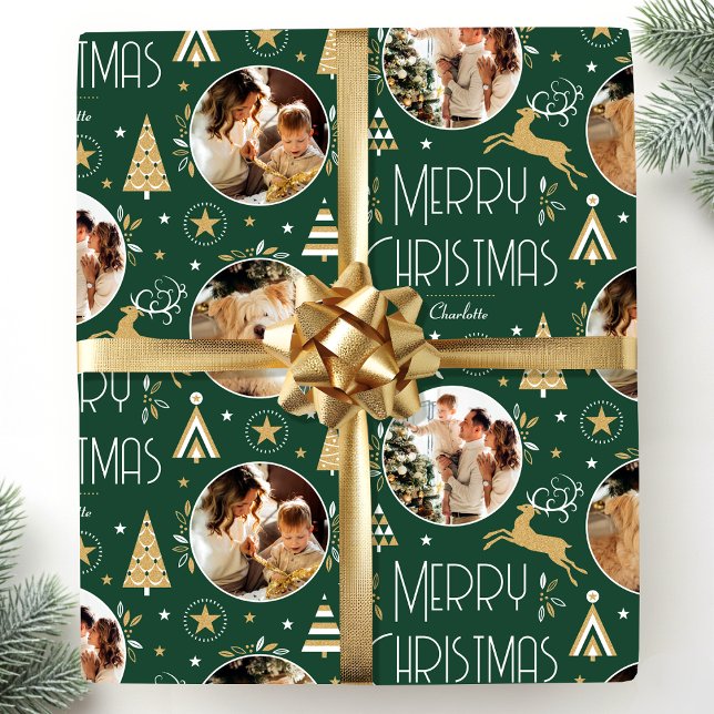 Elegantes Weihnachtsfest Rentier Foto Forest Green Geschenkpapier (Von Creator hochgeladen)