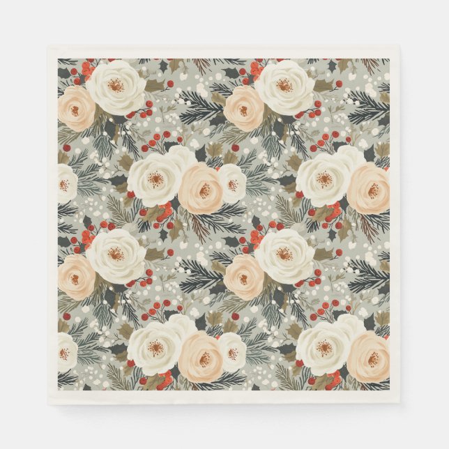 Elegantes Weihnachtsfest Weißer Rosen & Roter Wint Serviette (Vorderseite)