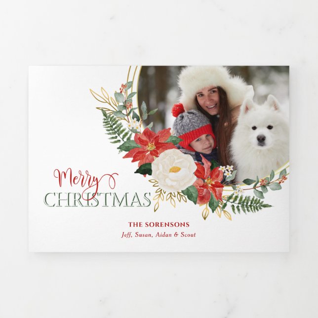 Elegantes Weihnachtsfloral mit Kalligrafie-Foto Dreifach Gefaltete Urlaubskarte (Cover)
