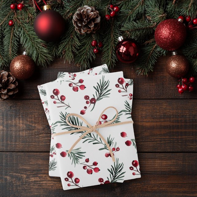 Elegantes Weihnachtsgebäck Wasserfarbe Rustikale P Geschenkpapier Set (Elegant Christmas Watercolor Rustic Pine Bough Wrapping Paper Sheets)