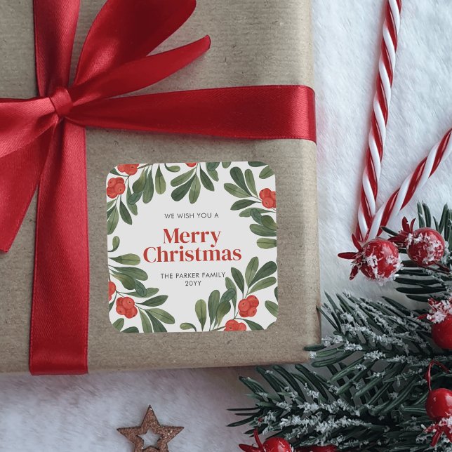 Elegantes Weihnachtsgebirge Grüne Rote Berries Quadratischer Aufkleber (Von Creator hochgeladen)