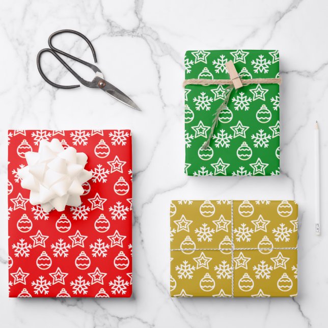 Elegantes Weihnachtsmuster auf Grün, Rot und Golde Geschenkpapier Set (Vorderseite)