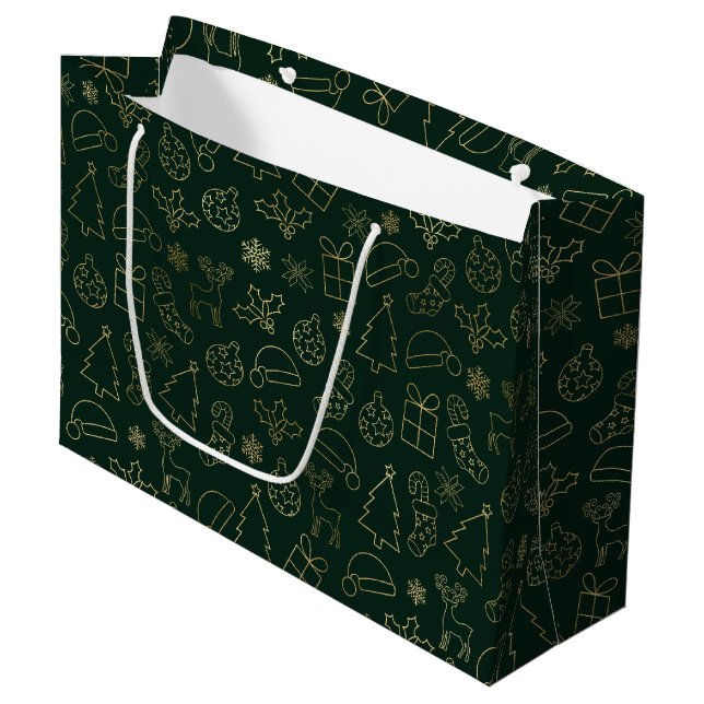 Elegantes Weihnachtsmuster für Grüne und Goldene F Große Geschenktüte (Vorderseite Schrägansicht)