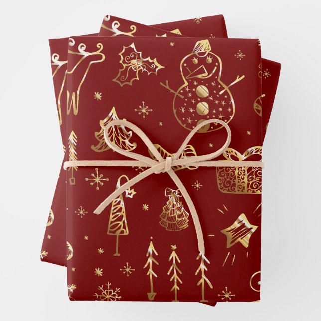 Elegantes Weihnachtsmuster in Rot und Gold Geschenkpapier Set (Beispiel)