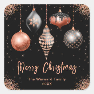 Elegantes Weihnachtsornament aus Roségold und Schw Quadratischer Aufkleber