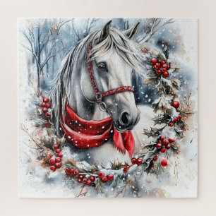Elegantes Weihnachtspferd mit Winterkranz