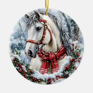 Elegantes Weihnachtspferd mit Winterkranz Keramik Ornament
