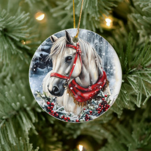 Elegantes Weihnachtspferd mit Winterkranz Keramik Ornament