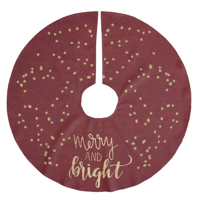 Elegantes Weihnachtsrot mit Gold-Sternen Polyester Weihnachtsbaumdecke (Vorderseite)
