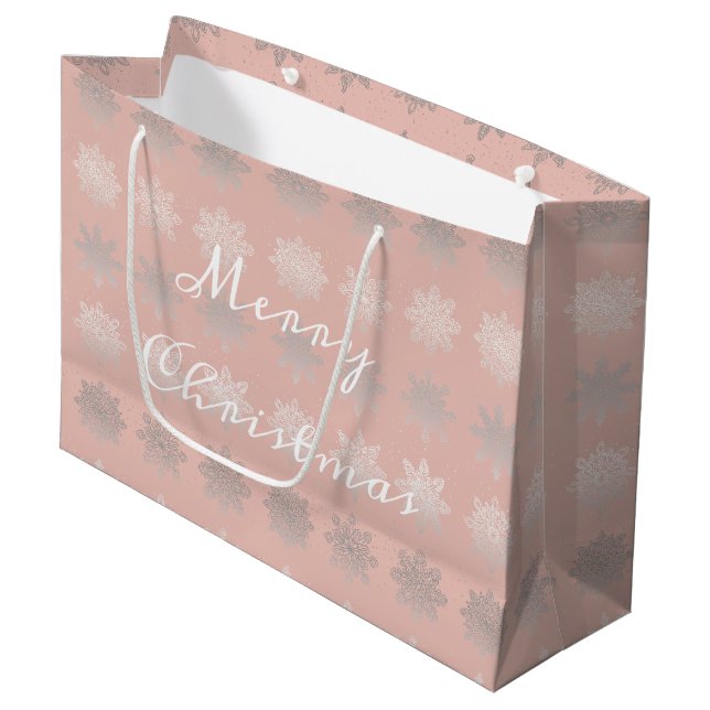 Elegantes Weihnachtsschneeflockesilber-Rosengold Große Geschenktüte (Vorderseite Schrägansicht)