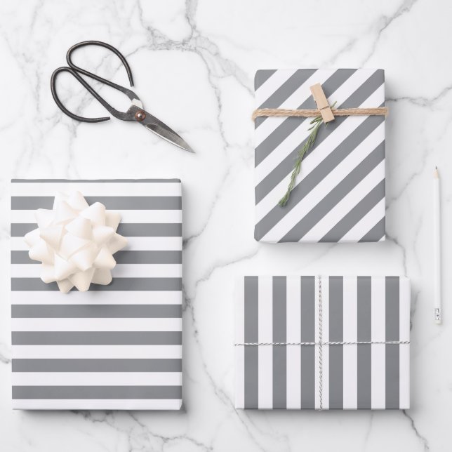 Elegantes Weihnachtssilber und Weiß gestreift Geschenkpapier Set (Vorderseite)