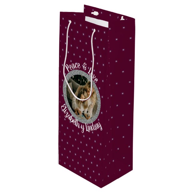 Elegantes Weihnachtsstars Foto & Name Dunkler Wein Geschenktüte Für Weinflaschen (Vorderseite Schrägansicht)