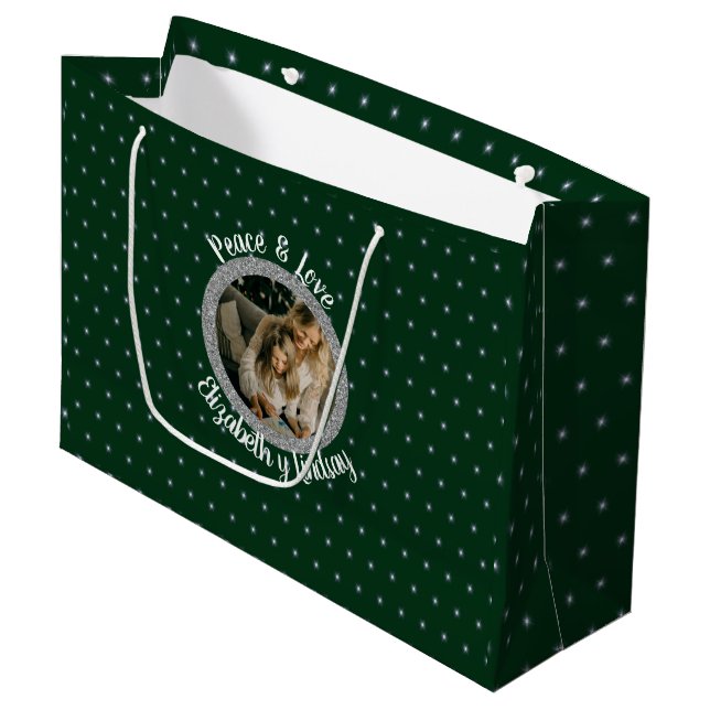 Elegantes Weihnachtsstars Foto & Name Grün Große Geschenktüte (Vorderseite Schrägansicht)