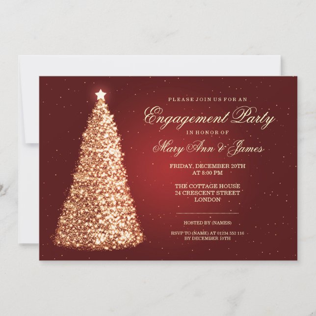 Elegantes WeihnachtsVerlobungs-Party-Goldrot Einladung (Vorderseite)