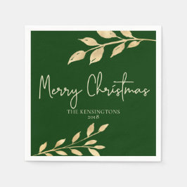 Elegantes Weihnachtswald Grün und Gold Blätter Serviette