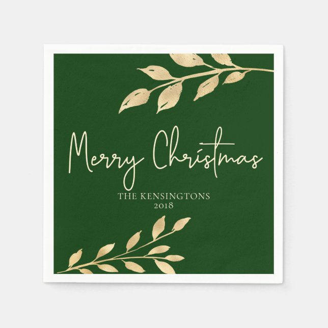 Elegantes Weihnachtswald Grün und Gold Blätter Serviette (Vorderseite)
