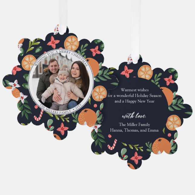 Elegantes Weihnachtszitrus-Foto Ornament Karte (Vorderseite/Rückseite)