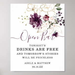 Elegantes Wein-Gold-Blumen-Open-Bar-Schild Poster