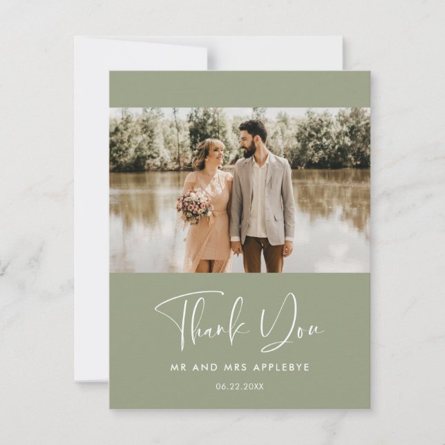 Elegantes Weise grün Hochzeit Foto Vielen Dank Dankeskarte (Vorderseite)