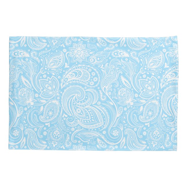 Elegantes Weiß- & Bläsermuster Paisley Muster Kissenbezug (Rückseite)