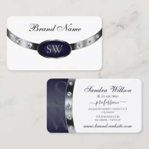 Elegantes Weiß Dunkelblau und Silber mit Monogramm Visitenkarte