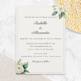 Elegantes Weiß Florales und Grünzeug Faux Gold Einladung