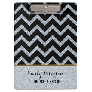 Elegantes Weiß Glitter Schwarz Chevron Gold Akzent Klemmbrett