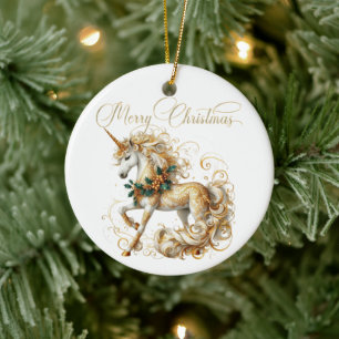 Elegantes weiß-goldenes Weihnachts-Einhorn Keramik Ornament