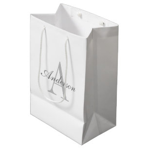 Elegantes Weiß & Grau Monogramm Mittlere Geschenktüte