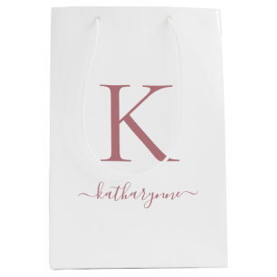 Elegantes Weiß Rosa Roségold-Monogramm Name Mittlere Geschenktüte