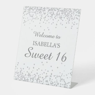 Elegantes Weiß Silber Glitter Sweet 16 Willkommens Sockelschild