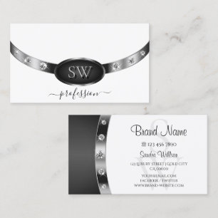 Elegantes Weiß Silber Schwarz mit Initialen Diaman Visitenkarte