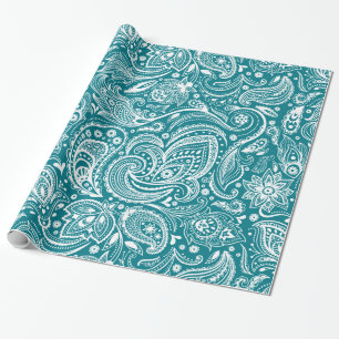 Elegantes Weiß & Türkis Blau Floral Paisley Geschenkpapier