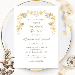 Elegantes Weiß und Gold 50. Hochzeitstag Einladung