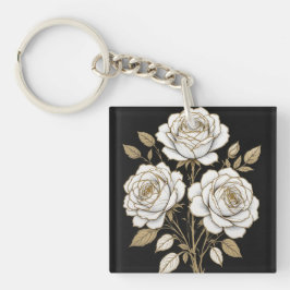 Elegantes Weiß- und Gold-Blumenrosen-Schlüsselanhä Schlüsselanhänger