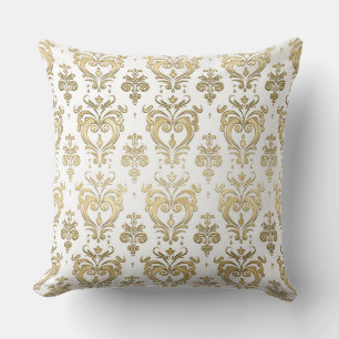 Elegantes Weiß und Gold Herzen Valentins-Damaskus Kissen
