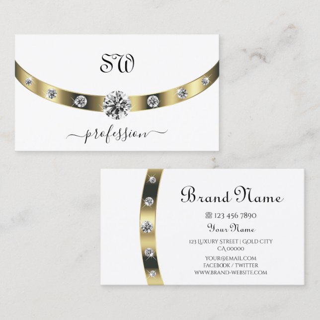 Elegantes Weiß und Gold mit Initials Rhinestones Visitenkarte (Vorne/Hinten)