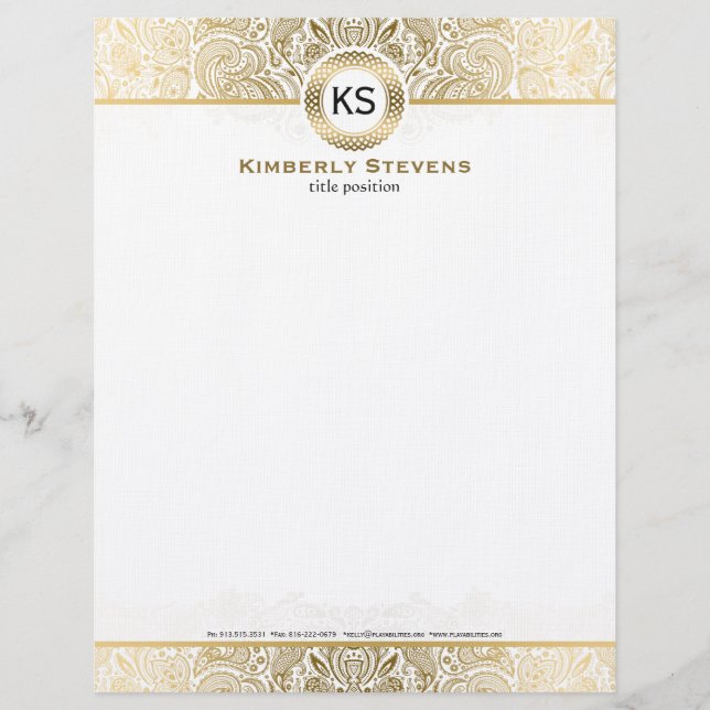 Elegantes Weiß- und Goldblütenpaisley Briefbogen (Vorderseite)