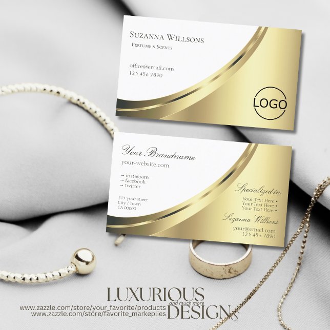 Elegantes Weiß- und Golddekor mit luxuriösen Logos Visitenkarte (Von Creator hochgeladen)