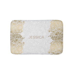 Elegantes Weiß- und Goldflora Paisley Lace Badematte