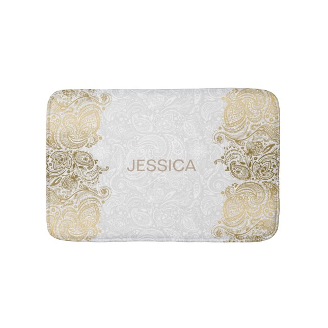 Elegantes Weiß- und Goldflora Paisley Lace Badematte (Vorderseite)