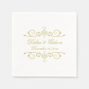Elegantes Weiß- und Goldherz Blühend Hochzeit Serviette