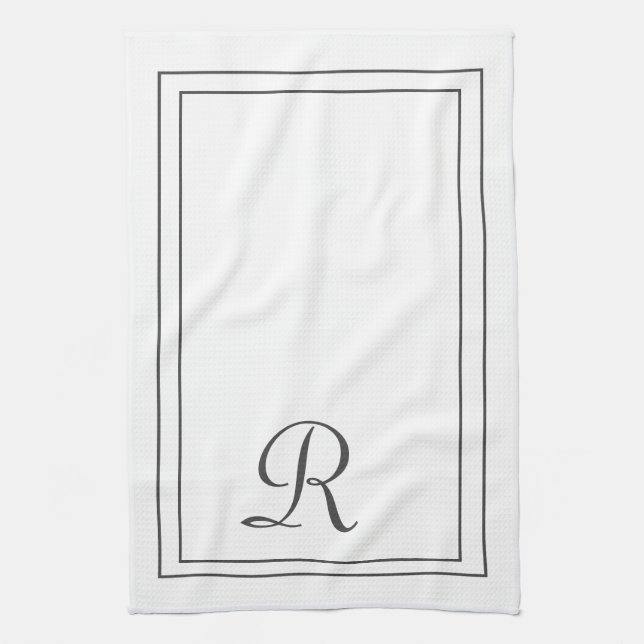 Elegantes Weiß und Schwarz Mit Monogramm Geschirrtuch (Vertikal)