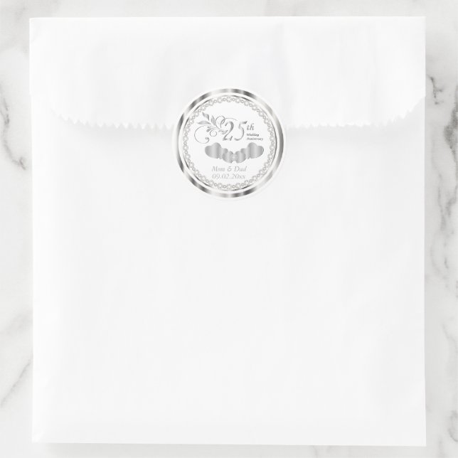Elegantes Weiß und Silber Jubiläum Runder Aufkleber (Tasche)