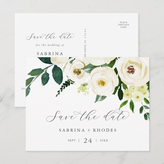 Elegantes Weißblumen Save the Date horizontal Einladungspostkarte (Vorne/Hinten)