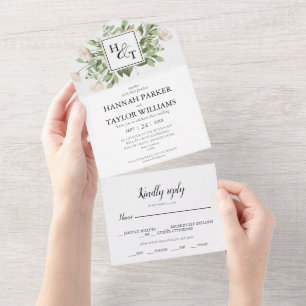 Elegantes weißen floralen Monogramm-Hochzeit All In One Einladung
