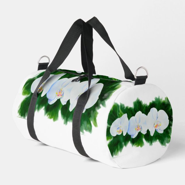Elegantes, weißes Aquarell-Orchideenbild Duffle Bag (Linke Seite)