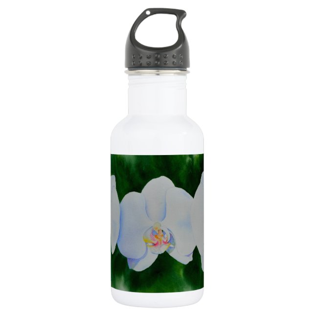 Elegantes, weißes Aquarell-Orchideenbild Edelstahlflasche (Vorderseite)